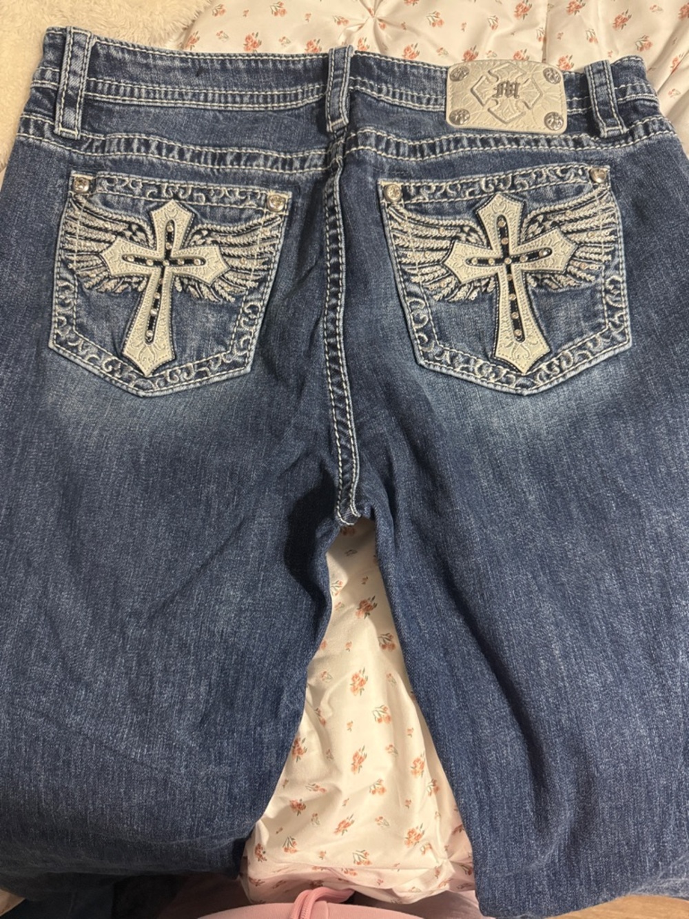 Miss Me Women's Boot Cut Jeans with Embroidered Winged Cross Pockets - Blue